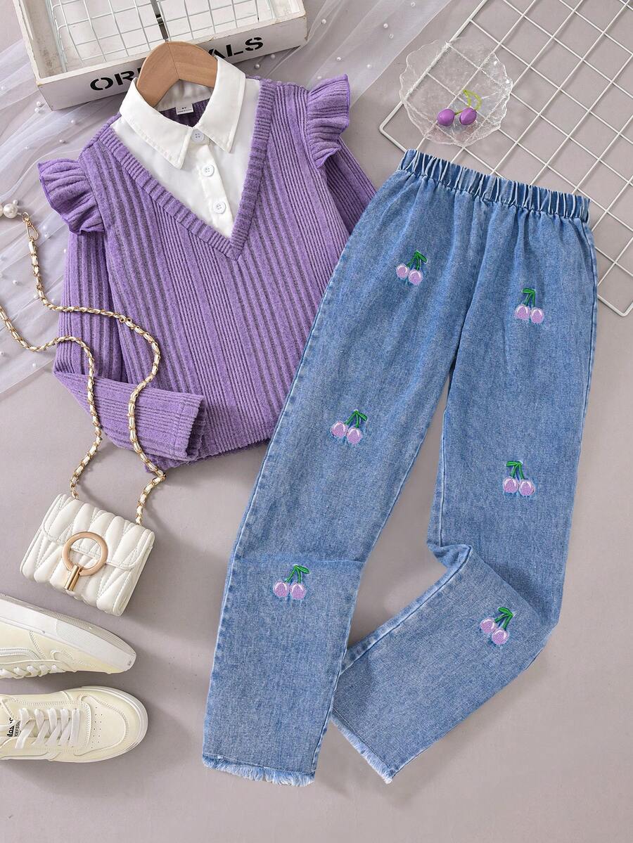 Sparklyn 2 件套 Tween 女童樱桃刺绣牛仔裤搭配假日撞色二合一上衣，适合秋冬、假日、夏季、旅行的休闲装
