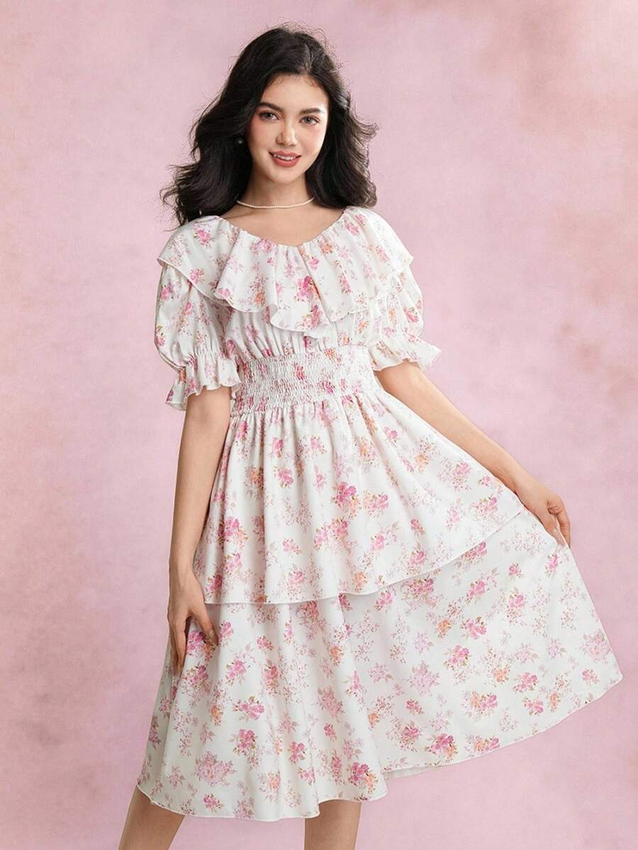 少女优雅花卉印花荷叶边下摆连衣裙，夏季 - 白色 - 查看 1
