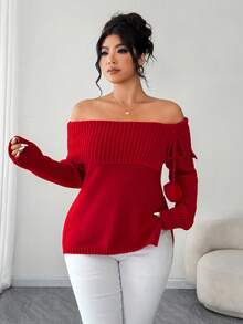 Elenzga Women's Elegant Fashion Off-Shoulder Bow Tie Slit Side Long Sleeve Plus Size Sweater Pullover, Suitable For Date Night, Christmas, Wedding Guest - Red - View 5