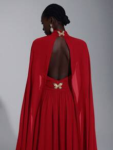 Elitara Elegant Luxurious Dark Coffee Chiffon Handmade Metal Butterfly Decor Stand Collar Flare Sleeve Sexy Open Back Women's Formal Evening Gown - Red - View 4