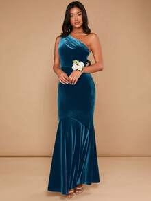 SHEIN Belle 女式优雅天鹅绒纯色不对称鱼尾下摆修身连衣裙 - 水鴨藍 - 查看 3