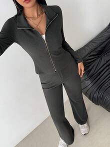 Franclia 2pcs Women Collared Zip Front Long Sleeve Top And Flared Straight Leg Pants Set, Suitable For Daily Wear - Grey - View 5
