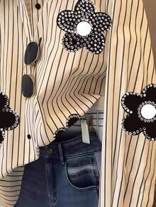 INAWLY Áo sơ mi dài tay họa tiết sọc đính đá cho nữ, phù hợp cho mùa xuân và mùa thu - Nhiều màu - Xem 3