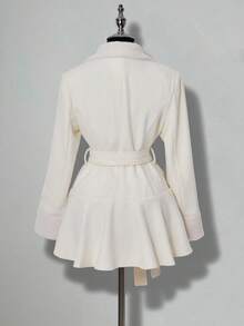 SHEIN ICON Women's White Umbrella Pleated Waist Fitted Sexy Long Sleeve Wool Blend Mini Dress, Elegant Office Wear, Autumn/Winter - White - View 2