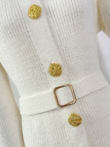 Franclia Women's Cream White Autumn Elegant Everyday Knitted A-Line Dress,Stand Collar Long Sleeve Single-Breasted Sweater Dress With Metal Buckle Belt Slim - Apricot - View 8