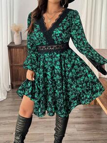 SHEIN Frenchy Váy dài tay cổ chữ V họa tiết hoa ren chắp vá cỡ lớn - Nhiều màu - Xem 4