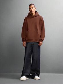 SUMWON Essentials Regular Fit Overhead Hoodie With Centre Pocket And Script Logo Back Embroidery Plain - Chocolate Brown - View 6