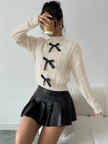 Elenzga French Bow Knit Soft & Fluffy Long Sleeve Sweater For Women, Winter - Beige - View 4