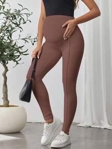 SHEIN Maternity Solid Color Casual High Elasticity Slim Fit High Waist Leggings - Brown - View 3
