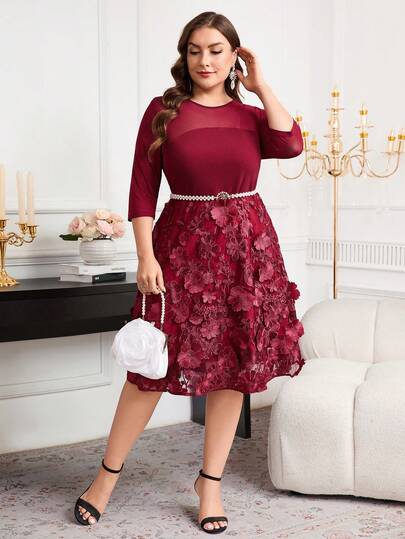 Reflora Plus Size Applique Mesh Patchwork Round Neck Elegant Dress Burgundy Plus Size Dress Plus Size Cocktail Dress Curve Elegant Dress Red Plus Size Dress Plus Size Tea Party Dress Utumn And Winter Plus-Size Women's Clothing, Red Waist Dress, Spliced ​​Mesh Dress, Lace Embroidery Dress, Three-Dimensional Embroidery, Red Short Dress, High-Stretch Suit, Comfortable, 2025 New Plus-Size Dress, Red Dress, Party Dress, Birthday Party Dress, Wedding Dress, Date Dress, Elegant Red Dress, High-End Feel, Old Money Style, Christmas Dress, Halloween Dress, Thanksgiving Dress, New Year Dress Red Dress  Red Skirt  Elegant Red Christmas Dress Red Dresses For Women