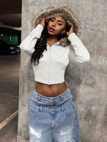 StreetHx 女式街头风连帽毛领修身长袖夹克，秋季 - 白色 - 查看 6