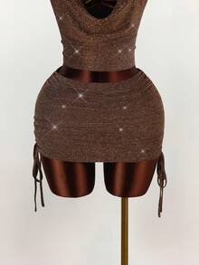 Amplova 女式性感金属闪光垂坠领露背前系带上衣和抽绳褶饰迷你裙 2 件套，时尚派对装 - 棕色 - 查看 5