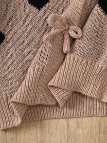 Genkimix Kids 2pcs/Set Girls Cute Love Jacquard Bow Tie Knitted Cardigan And Straight-Leg Pants, Fashionable Knitted Love Jacquard Design, Suitable For Daily Wear, Vacation Gatherings, Autumn-Winter Seasons Girls Sweater Sets Girl Knit Sweater Girl Heart Pattern Set Girl Knit Set Girls Lounge Wear - Apricot - View 9