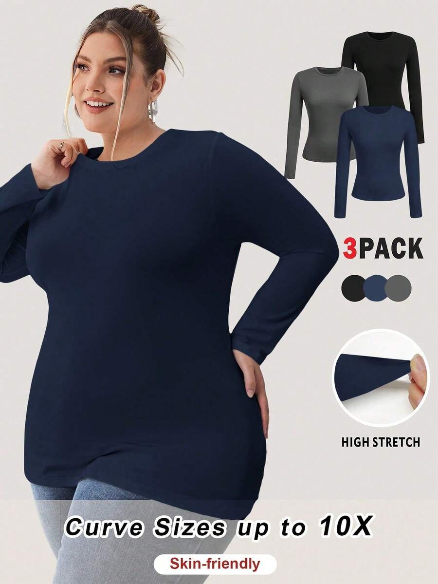 SHEIN CURVE+ 加大码女式纯色圆领休闲修身长袖 T 恤 3 件套装，适合春秋冬 - 彩色 - 查看 1