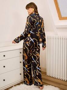 Chillnights 时尚INS豹纹链条印花女士睡衣套装，曲线款睡衣套装，西部风睡衣套装，咖啡色睡衣，冬季服装 - 彩色 - 查看 2