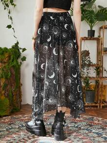 ROMWE Hippie Sun & Moon Graphic Asymmetrical Hem Mesh Skirt - Black - View 4