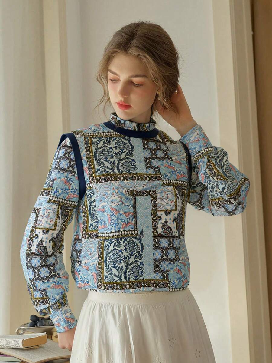 Lucivie 优雅通勤拼布印花衬衫，秋季 - 藍色 - 查看 1