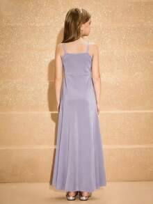 Girls' Elegant Minimalist Spaghetti Strap Sleeveless Draped Neck Waisted Long Dress, Shiny Gray-Purple Color, High-End Fabric, Suitable For Graduation, Prom, Christmas Party - Purple - View 2