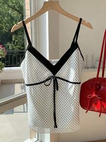 Comfortcana Women's Contrast Polka Dot Print Tie Strap Camisole Top - Black and White - View 4