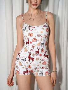 Sweetina Christmas Holiday Reindeer Print Tie Backless Unitard Romper - Multicolor - View 2