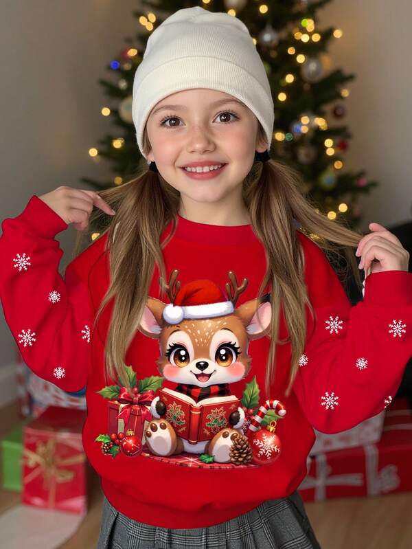 Sudadera holgada de cuello redondo cómoda con estampado de ciervos de lectura de dibujos animados lindos y minimalistas para niñas preadolescentes, adecuada para otoño/invierno