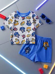 Transformers X SHEIN 2pcs Baby Boy Summer Casual Robot Print Round Neck Short Sleeve T-Shirt And Shorts Set
