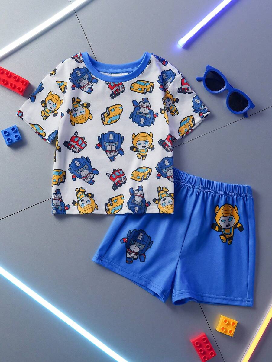 Transformers X SHEIN 2pcs Baby Boy Summer Casual Robot Print Round Neck Short Sleeve T-Shirt And Shorts Set