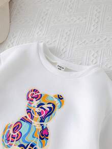 SHEIN Babygirl 可爱卡通图案长袖卫衣和裤子套装，秋冬 - 白色 - 查看 6