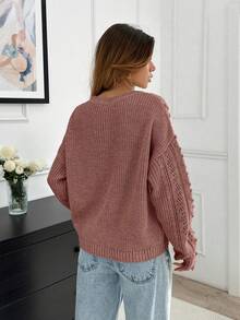 SHEIN Cottnline Women's Asymmetric And Pon Pon Knit Pattern Detailed Sweater - Dusty Pink - View 5