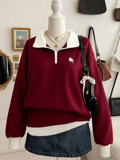 Lalippa Women's Casual Everyday Commuting College Style Contrast Color Half Zip Raglan Loose Sweatshirt, Spring/Autumn, Christmas