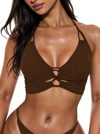SHEIN Swim Women's Swimsuit Top With Drawstring Tie, Elegant Casual For Spring/Summer Vacation, Beach, Party - Brown/Earthy Tone