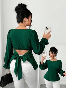 Elenzga 大码女式纯色泡泡袖蝴蝶结露背优雅休闲衬衫，夏季 - 墨綠色 - 查看 1