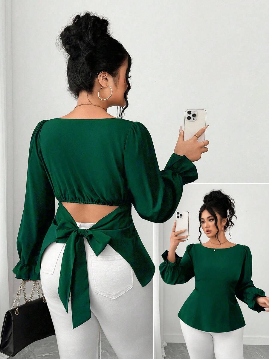 Elenzga 大码女式纯色泡泡袖蝴蝶结露背优雅休闲衬衫，夏季 - 墨綠色 - 查看 1