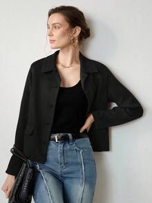 Uhlyne 女式复古经典硬币设计优雅休闲西装外套，配有仿口袋和纽扣，简约通勤夹克 - 黑色 - 查看 7