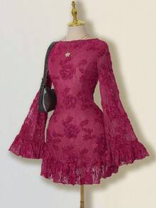 SHEIN ICON Women's Elegant Backless Lace Patchwork Flare Sleeve Ruffle Hem Mini Dress, Solid Cream Color - Hot Pink - View 4