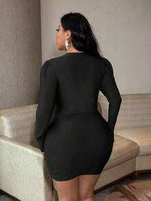 SHEIN LUNE Plus Size Women's Dress, Waist Cinching, Bodycon, Multi-Button Design, Turtleneck, Sexy Party Black Mini Dress, Elegant Women's Dress - Black - View 2