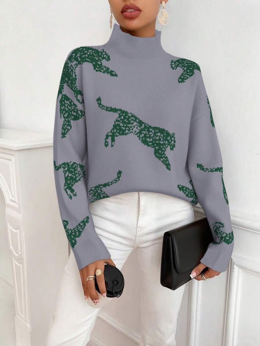 SHEIN LUNE 女士时尚休闲图案立领落肩长袖毛衣 - 灰色 - 查看 1