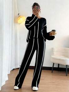 Selianne Elegant Long Sleeve Round Neck Top And Wide Leg Pants 2 Pieces Set For Women - Black - View 1