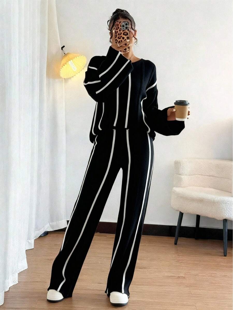 Selianne Elegant Long Sleeve Round Neck Top And Wide Leg Pants 2 Pieces Set For Women - Black - View 1
