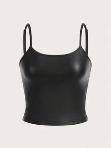 SHEIN EZwear 女士休闲性感PU紧身吊带背心 - 黑色 - 查看 5