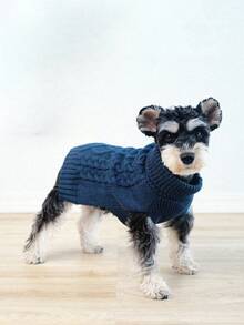 PETSIN 1 件经典图案宠物毛衣柔软舒适针织衫，适合小型中大型犬，加厚针织高领设计弹性保暖小狗冬季服装，适合男孩和女孩狗狗 - 藏蓝色 - 查看 2