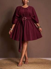 Veslaya 春夏初秋新款优雅通勤、约会、毕业典礼、生日派对宽松灯笼袖抽绳腰褶皱A字连衣裙，大码酒红色 - 酒紅色 - 查看 4