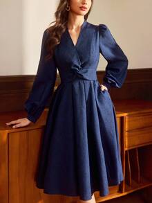 Vintamour 复古优雅女式连衣裙，带口袋和扭纹细节，长袖休闲通勤节日连衣裙，女士冬季服装，女士冬季服装，圣诞服装，女士圣诞服装，圣诞节女装，新年服装，新年服装，女士感恩节服装，女士优雅连衣裙，女士优雅连衣裙