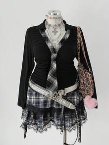 Sunspun Plus Size Women Vintage Romantic Casual Y2K Office/School Commute Pullover Long Sleeve T-Shirt With Bow Collar Decor, Versatile Punk Style, Lightweight, Suitable For Spring/Autumn, Christmas, Party - Black - View 4