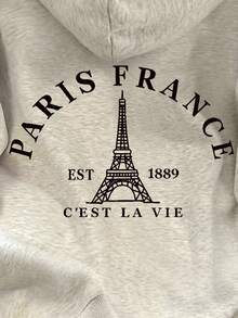 EMERY ROSE Áo nỉ trùm đầu in khẩu hiệu tháp Eiffel cỡ lớn dành cho nữ, dáng rộng, có dây rút, mặc đi làm thường ngày, thu/đông - Màu Xám nhạt - Xem 6