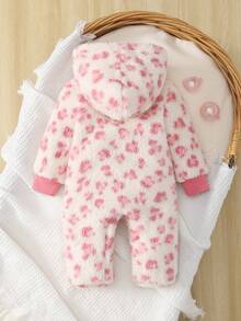 新生女婴可爱豹纹和羊毛连帽长袖连脚连体衣，秋冬婴儿睡衣 - 粉色 - 查看 2