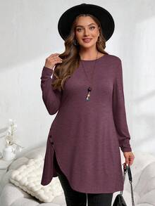 EMERY ROSE Plus Size Red Asymmetrical Hem Button Down Long Tee,Fall Women Clothes - Burgundy - View 4