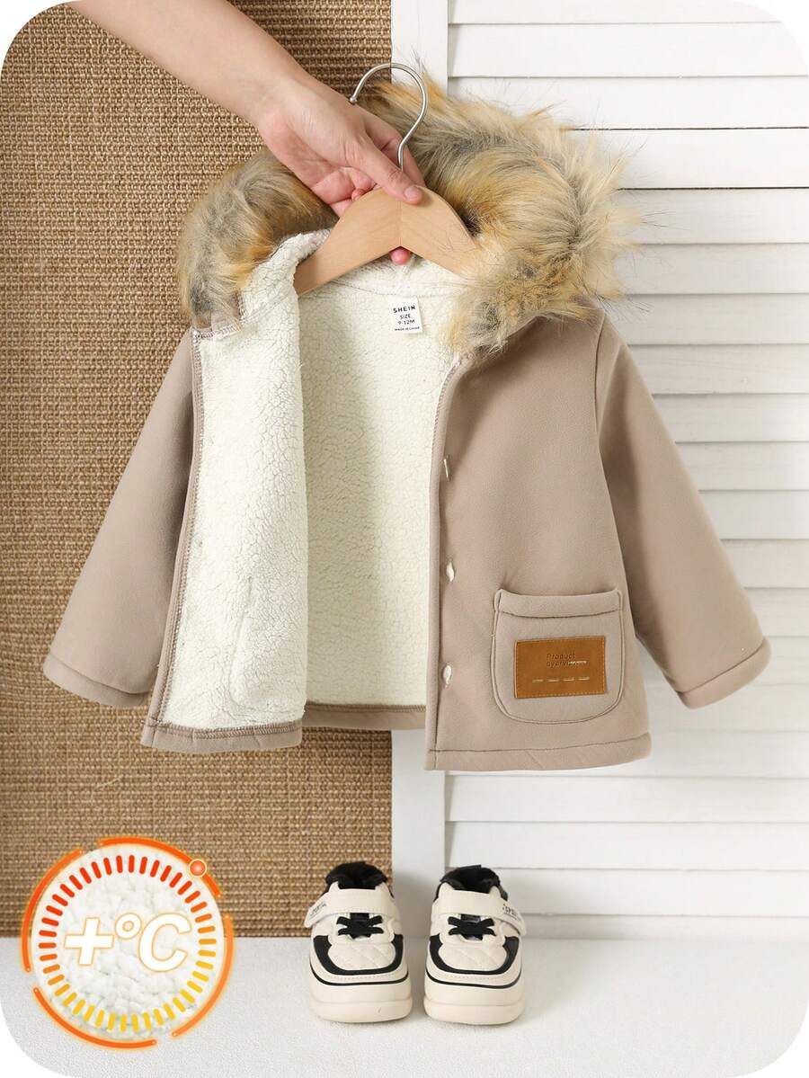 SHEIN 男女宝宝可爱米色连帽毛领外套，休闲冬装 - 彩色 - 查看 1