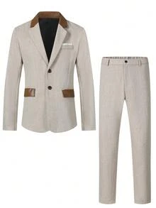 Calvornis Men's Beige Summer Suits,Formal Blazer And Pants Set For Wedding,Graduation & Semi-Formal Occasions,Contrast Color Long Sleeve Top,Cream Daily Suit - Khaki - View 3