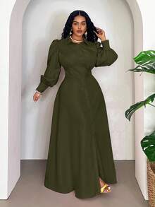 Veslaya 優雅軍綠色女款大尺碼 Najma 秋季洋裝，燈籠袖長版生日禮服，橄欖綠秋冬新款服飾 - 軍綠色 - 查看 6